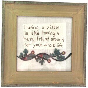 Charming FRAMED NEEDLEPOINT on Fabric w Applique Embroidery Sisters 12.5" sq